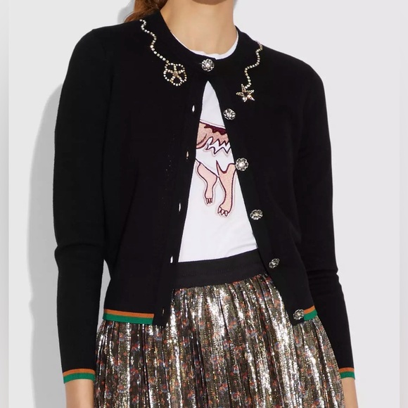 Coach Crystal Embellished Crewneck Cardigan Size M
